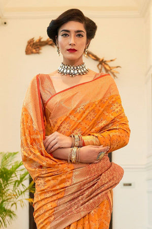 Buy Orange Chiniya Silk Embroidery Dori Plunge Neck Saree With Blouse For  Women by Jigar Mali Online at Aza Fashions.